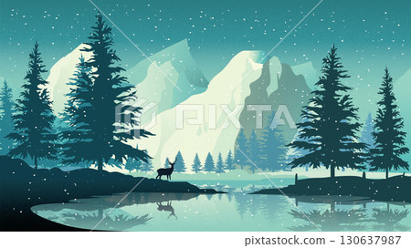 Snowy Pine Forest by Lake with Mountain Background 130637987