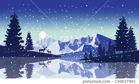 Snowy Lake with Pine Trees and Northern Lights 130637991