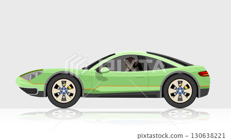 Concept vector illustration of detailed side of a flat soft green sport car. Can view interior of car with driver man. Concept vector illustration of detailed side of a flat soft green sport car. Can view interior of car with driver man. 130638221