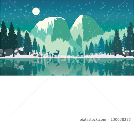 Pine Trees by Frozen Lake with Scenic Mountains 130638255