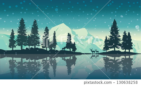 Snowy Alpine Lake and Pine Forest in Winter 130638258