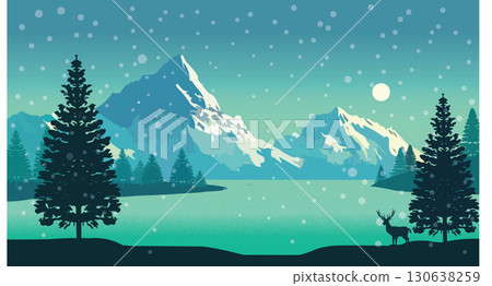 Snowy Lake with Pine Trees and Mountain Peaks 130638259