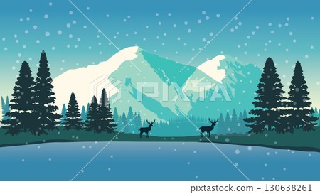 Winter Lake Surrounded by Snowy Mountains 130638261