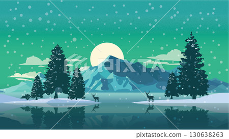 Frozen Mountain Lake and Evergreen Pine Trees 130638263