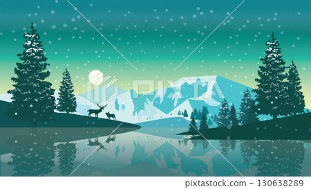 Peaceful Frozen Lake with Snowy Pines and Mountains 130638289