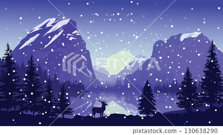 Pine Trees by Frozen Lake with Scenic Mountains Pine Trees by Frozen Lake with Scenic Mountains 130638290