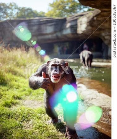 Chimpanzee Giving Thumbs Up Gesture with Playful Expression 130638367
