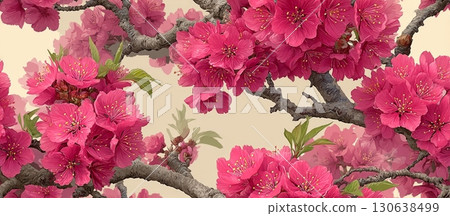 Vibrant Japanese Floral Vector Ornament with Cherry Blossom Design 130638499
