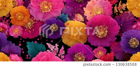 Vibrant Japanese Floral Vector Design Seamless Pattern on Black Background Vibrant Japanese Floral Vector Design Seamless Pattern on Black Background 130638508