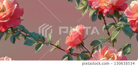Soft Abstract Floral Composition with Roses and Green Leaves 130638534