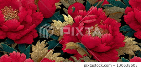 Ornamental Japanese Floral Design with Bold Red Peonies and Gold Leaves 130638605