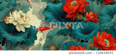 Japanese Floral Seamless Vector Design with Lotus and Koi Fish 130638645