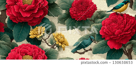 Seamless Floral Ornament with Birds and Colorful Flowers Design 130638653