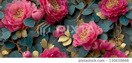Elegant Floral Pattern with Peonies and Lush Green Leaves Design Elegant Floral Pattern with Peonies and Lush Green Leaves Design 130638666