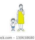 一幅簡單的線條畫，描繪了一位正在思考的女幼兒園老師和一位幼兒園男孩 130638680