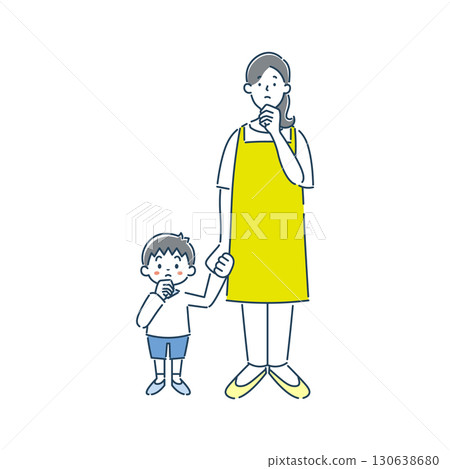A simple line drawing illustration of a thinking female nursery teacher and a boy kindergartener A simple line drawing illustration of a thinking female nursery teacher and a boy kindergartener 130638680