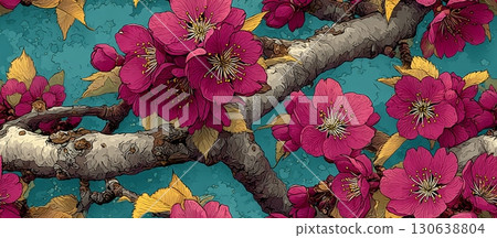 Seamless Floral Ornament with Inked Details and Vibrant Colors Seamless Floral Ornament with Inked Details and Vibrant Colors 130638804