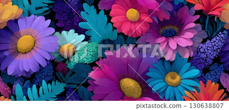 Vibrant Floral Pattern Inspired by 70s Aesthetic with Seamless Design 130638807