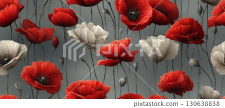 Vibrant Vector Poppy Flowers Seamless Background Design for Decor 130638838
