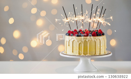 Festive cake with white glaze, fresh berries and burning sparklers on stand against soft bokeh background for celebration 130638922
