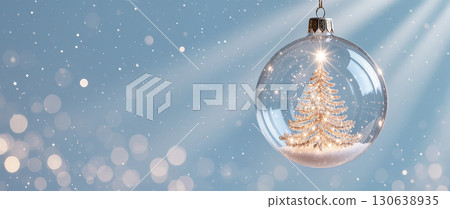 Christmas glass ornament with golden tree inside hanging on soft blue background with bokeh lights and falling snow 130638935