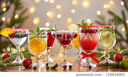 Christmas cocktails with fruits, berries and herbs in festive glasses decorated with ribbons, lights and baubles 130638965