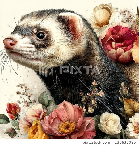 Cute Ferret Surrounded by Colorful Flowers in a Whimsical Nature Setting 130639089