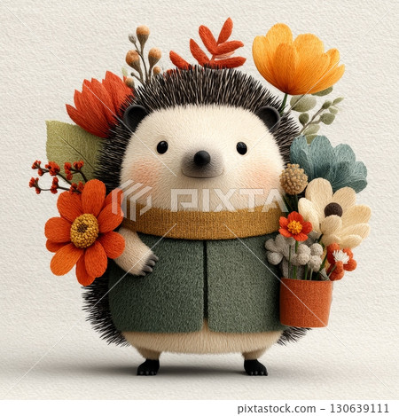 Cute hedgehog character with colorful flower collection and cheerful expression 130639111