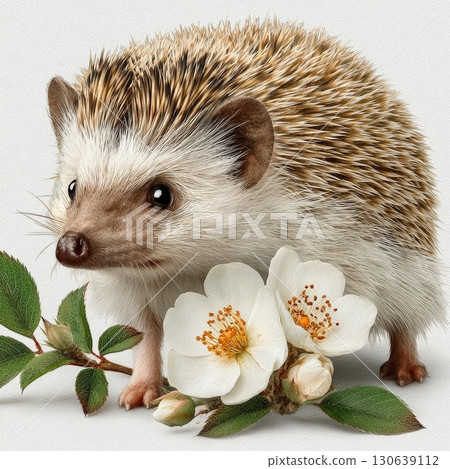 Adorable Hedgehog with Delicate White Flowers in Beautiful Composition Adorable Hedgehog with Delicate White Flowers in Beautiful Composition 130639112