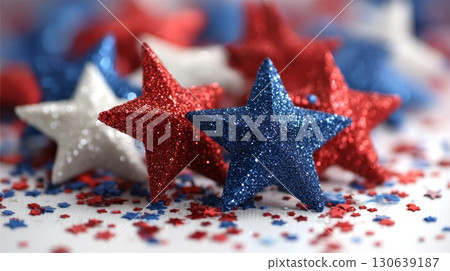 Colorful Red White and Blue Stars Floating Above a Festive Background Colorful Red White and Blue Stars Floating Above a Festive Background 130639187