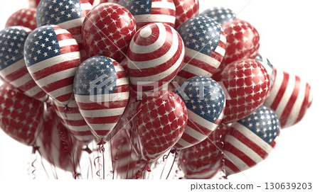 Colorful American Flag Balloons Floating in Festive Celebration Theme 130639203