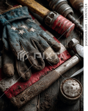 Weathered Glove and Tools on Distressed Flag Painted Wooden Surface Weathered Glove and Tools on Distressed Flag Painted Wooden Surface 130639214