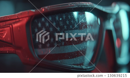 Close-Up of Sunglasses with American Flag Reflected in Lenses with Water Droplets 130639215