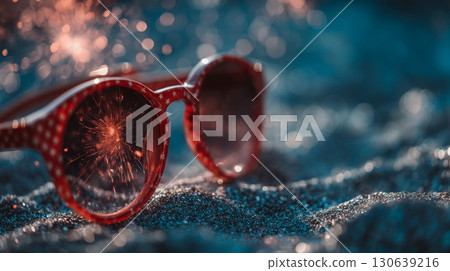 Reflected Flag in Sunglasses with Sparkling Background in Bright Sunlight 130639216