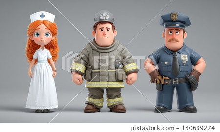 Illustration of a Nurse, Firefighter, and Police Character in Cartoon Style 130639274