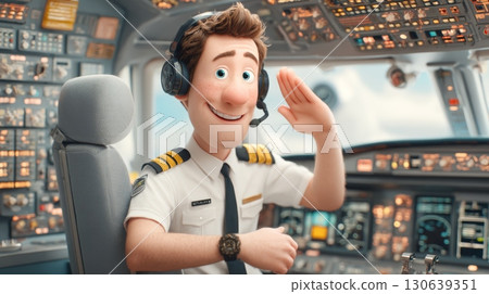 Cartoon Pilot Saluting from Cockpit in Colorful Animated Style Cartoon Pilot Saluting from Cockpit in Colorful Animated Style 130639351