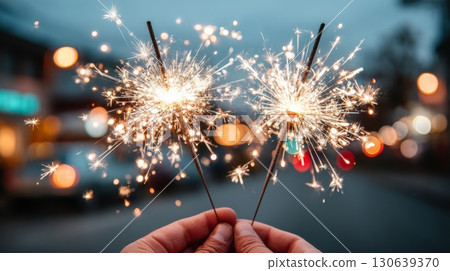 Close-Up of Hands Holding Sparklers with Bokeh Background and Sparkles Close-Up of Hands Holding Sparklers with Bokeh Background and Sparkles 130639370