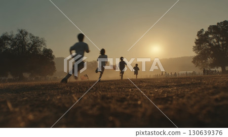Kids Running in Slow Motion During Sunset with Warm Golden Light Kids Running in Slow Motion During Sunset with Warm Golden Light 130639376