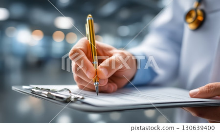 Doctor Writing on Clipboard with Pen in a Professional Medical Environment 130639400