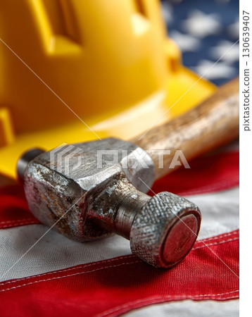 Hard Hat and Hammer on American Flag Background Symbolizing Construction Pride 130639407