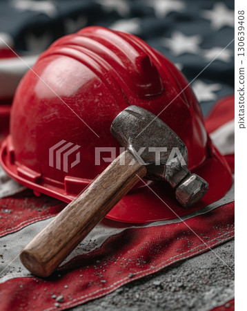 Hard Hat and Hammer on USA Flag Background for Construction Work Hard Hat and Hammer on USA Flag Background for Construction Work 130639408
