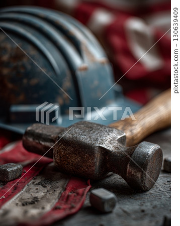 Hard Hat and Hammer on USA Flag with Rustic Textures and Details Hard Hat and Hammer on USA Flag with Rustic Textures and Details 130639409