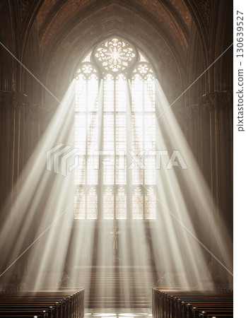Divine Light Streaming Through a Grand Cathedral Window. Majestic Sunbeams Illuminating a Sacred Sanctuary, a Symbol of Hope, Faith, and Spirituality. Religious and Worship Concept. 130639527