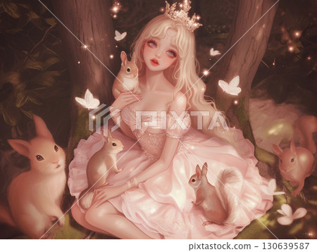 Animals and a girl surrounded by butterflies in the forest 130639587