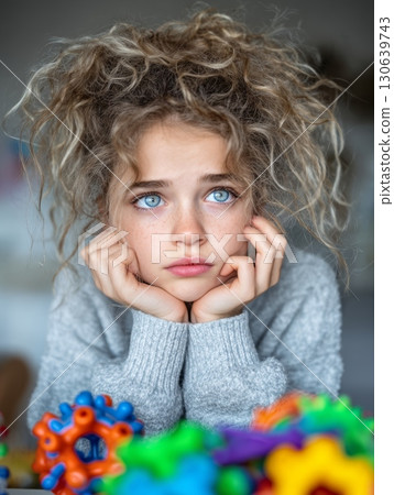 Thoughtful girl with curly hair surrounded by colorful toys looking contemplative 130639743