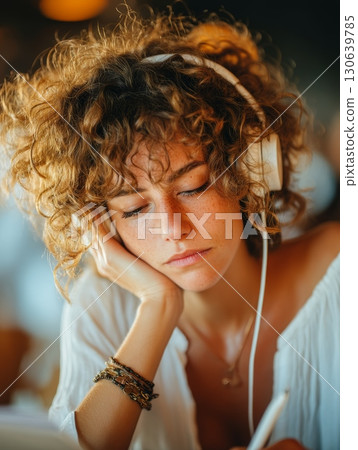 Focused young woman with curly hair listening to music while deep in thought 130639785