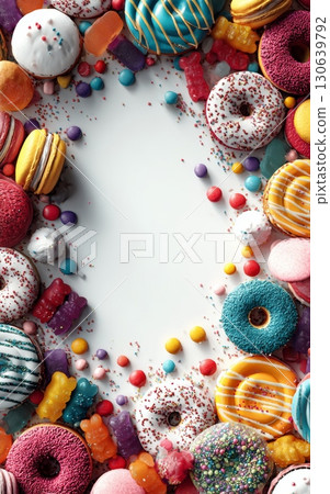 Colorful Assortment of Sweets and Treats on a Blank White Surface for Celebrations 130639792