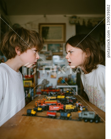 Children Engaged in Playful Argument Over Toy Trains and Trucks in Cozy Home Setting 130639802