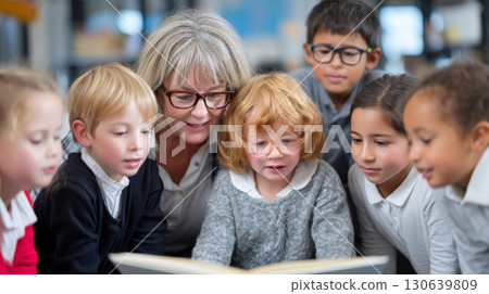 Engaging Reading Session with Children and Teacher in Bright Classroom Setting Engaging Reading Session with Children and Teacher in Bright Classroom Setting 130639809