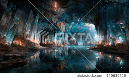 Glowing crystal cave, massive formations, reflective water, mysterious, underground wonder Glowing crystal cave, massive formations, reflective water, mysterious, underground wonder 130639816